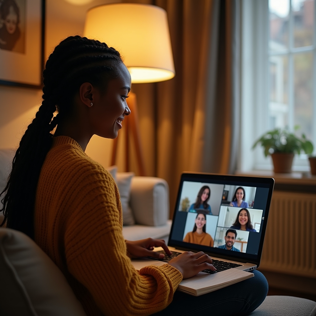 Person sitzt konzentriert vor dem Laptop während einer Videokonferenz und macht sich Notizen